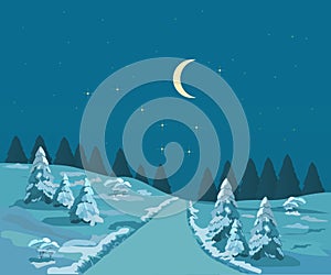Winter, christmas landscape with moon