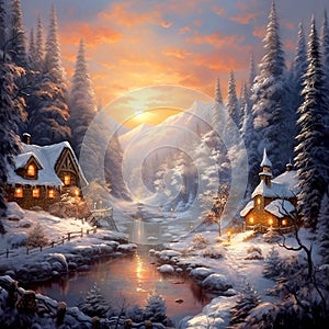 Winter Christmas Landscape Painting with mountains and trees