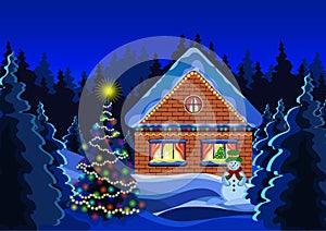 Winter christmas landscape vector drawing. Night winter snow forest, decorated with luminous garlands rustic brick house, snowman,