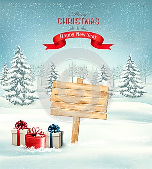 Winter christmas landscape with a wooden ornate sign background.