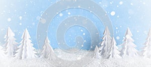 Winter Christmas minimalist background frosty baner with white paper trees on blue .