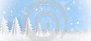 Winter Christmas minimalist background frosty baner with white paper trees on blue .