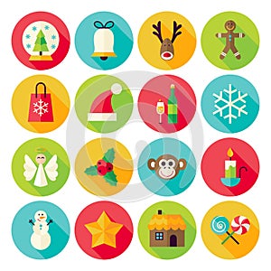 Winter Christmas New Year Circle Icons Set with long Shadow