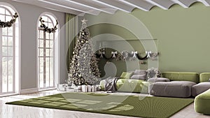 Winter, Christmas, New Year interior design in minimal living room with parquet floor and vaulted ceiling. Sofa and carpet, white