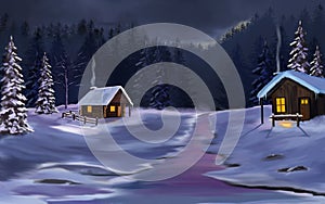 Winter Christmas night snow scene  illustration