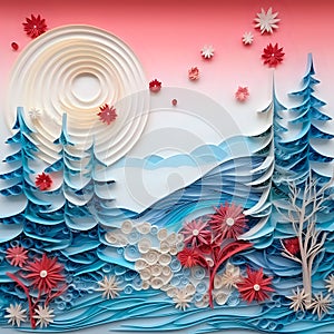 Winter Christmas painting made of paper using the quilling technique. Fairytale landscape