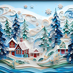 Winter Christmas painting made of paper using the quilling technique. Fairytale landscape