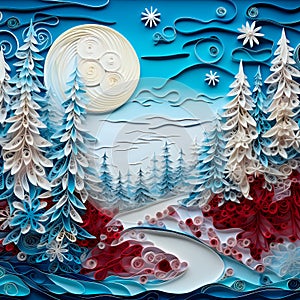 Winter Christmas painting made of paper using the quilling technique. Fairytale landscape