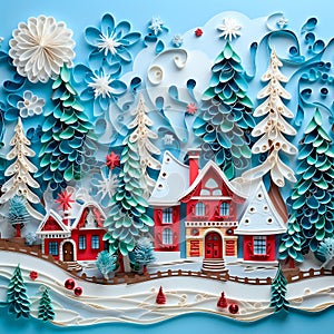 Winter Christmas painting made of paper using the quilling technique. Fairytale landscape
