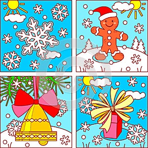Winter and Christmas picture icons for designing themed projects - snowfall, gingerbread man cookie, bell ornament, giftbox with b