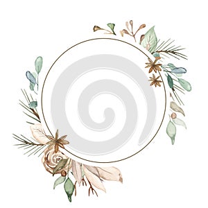 Watercolor round frame with winter christmas plants, leaves, branches, pine, flowers in brown and green
