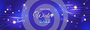 Winter Christmas sale banner of paper 3d ornament icons. Background design of sparkling lights garland, with realistic snow, blue