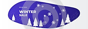 Winter Christmas sale banner of paper 3d ornament icons. Background design of sparkling lights garland, with realistic snow, blue
