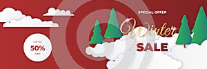 Winter Christmas sale banner with snowflake, palm tree and clouds on red background. Vector illustration