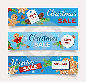 Winter Christmas sale banners set. Festive blue background with gingerbread man