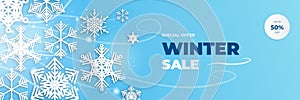 Winter Christmas sale blue banner with snowflake palm tree and clouds on blue background. Vector illustration