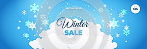 Winter Christmas sale blue banner with snowflake palm tree and clouds on blue background. Vector illustration