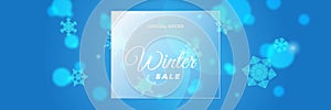 Winter Christmas sale blue banner with snowflake palm tree and clouds on blue background. Vector illustration