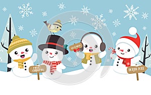 Winter christmas scene with cute little snowman
