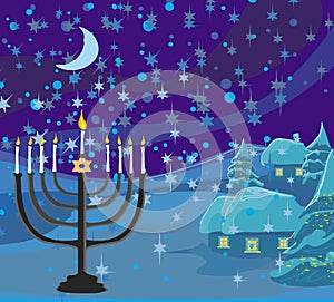 Winter Christmas scene - hanukkah menorah abstract card