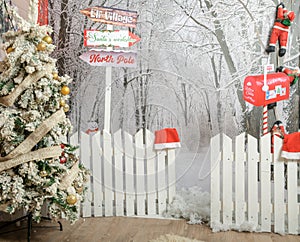 Winter Christmas scenic. New Year`s winter scenery in the studio. Christmas background decorated for photo session