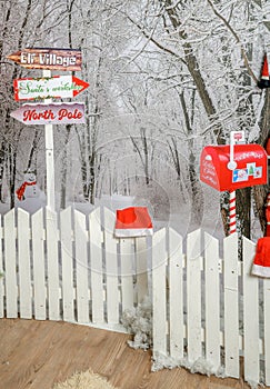 Winter Christmas scenic. New Year`s winter scenery in the studio. Christmas background decorated for photo session