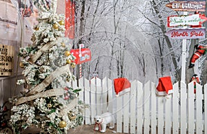 Winter Christmas scenic. New Year`s winter scenery in the studio. Christmas background decorated for photo session