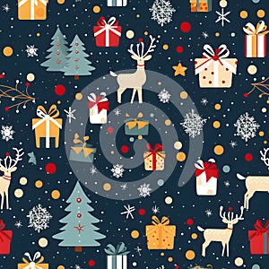 Winter and Christmas seamless pattern with Christmas tree, Merry Xmas gifts, and reindeer. Winter holiday background. Textile or