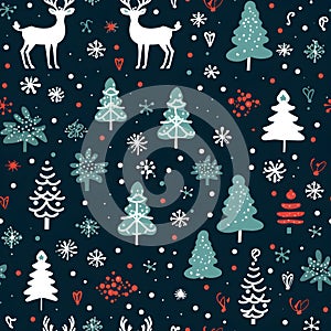 Winter and Christmas seamless pattern with Christmas tree, reindeer, snow, and heart. Winter holiday background. Textile or