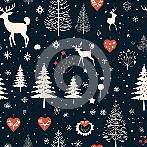 Winter and Christmas seamless pattern with Christmas tree, reindeer, snow, and heart. Winter holiday background. Textile or