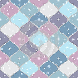 Winter Christmas seamless pattern with colorful rhombuses in pastel retro colors and stars
