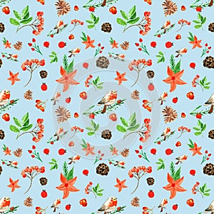 Winter Christmas seamless pattern with cute bullfinch, rowan berries, pine cones, red flowers.