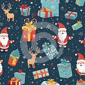 Winter and Christmas seamless pattern with Santa Claus, Merry Xmas gifts, and reindeer. Winter holiday background. Textile or