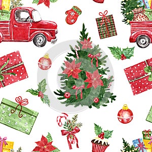 Winter Christmas seamless pattern. Watercolor red pick up truck, pine tree, holly, poinsettia, candy cane, gifts