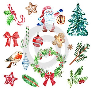 Winter Christmas set of holiday elements and symbols, green and red color. fir and pine branches, red berries, gnome, candy cane