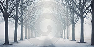 winter Christmas. snow storm. foggy misty. Road, driveway, path, boulevard, byway, route, track, trail, street, row of trees. photo