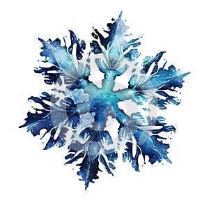 Winter christmas snowflake watercolor crystal illustration close-up isolated transparent background png. Generative AI