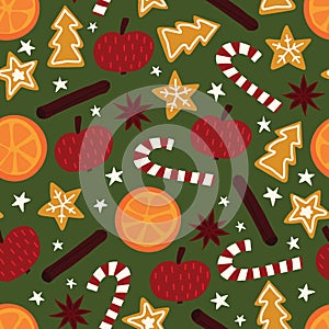 Winter Christmas spices seamless vector pattern. Repeating background of star anise, apple, orange, cinnamon rolls