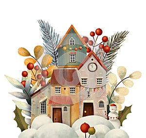 Winter Christmas Street Village City with berries, leaves, pine, fir, snow and snowman.