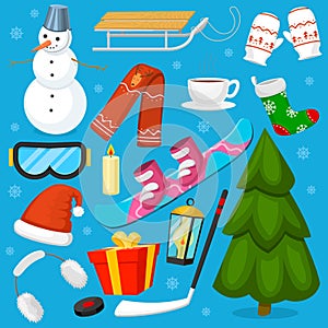 Winter Christmas symbols vector icons sport and holiday outdoor wintertime snow, ice, snowman, New Year tree and Santa