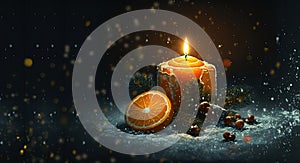 Winter Christmas theme with burning candle and orange slice