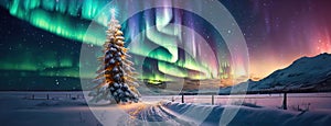 Winter Christmas tree with northern lights in background. Night snowy forest landscape with a road going into the