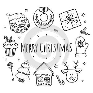 Winter Christmas vector doodle. Hand drawn vector illustration. Christmas art drawings in black. Set present boxes for gift tags,