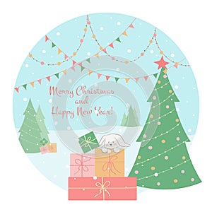 Winter and Christmas Vector illustration with Merry Christmas and Happy New Year phras.