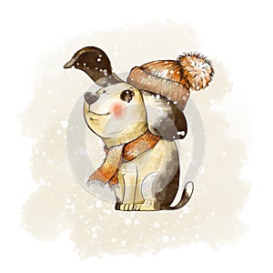 Winter Christmas vintage greeting card. Cute little dog in a red hat