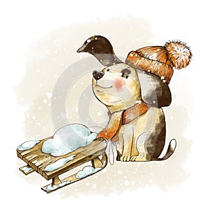 Winter Christmas vintage greeting card. Cute little dog in a red hat with rustic wooden sled