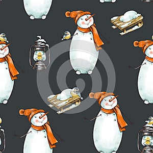 Winter Christmas vintage seamless pattern with cute snowman in a red hat