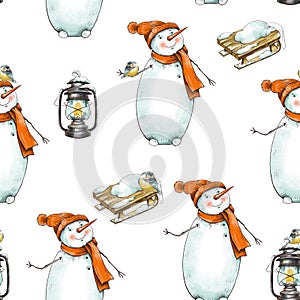 Winter Christmas vintage seamless pattern with cute snowman in a red hat