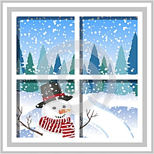 Winter Christmas window with a view of the snowy forest. Christmas card. winter window with the landscape and snowman