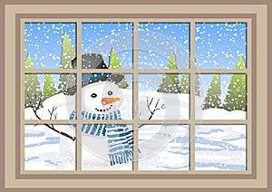 Winter Christmas window with a view of the snowy forest. Christmas card. winter window with the landscape and snowman